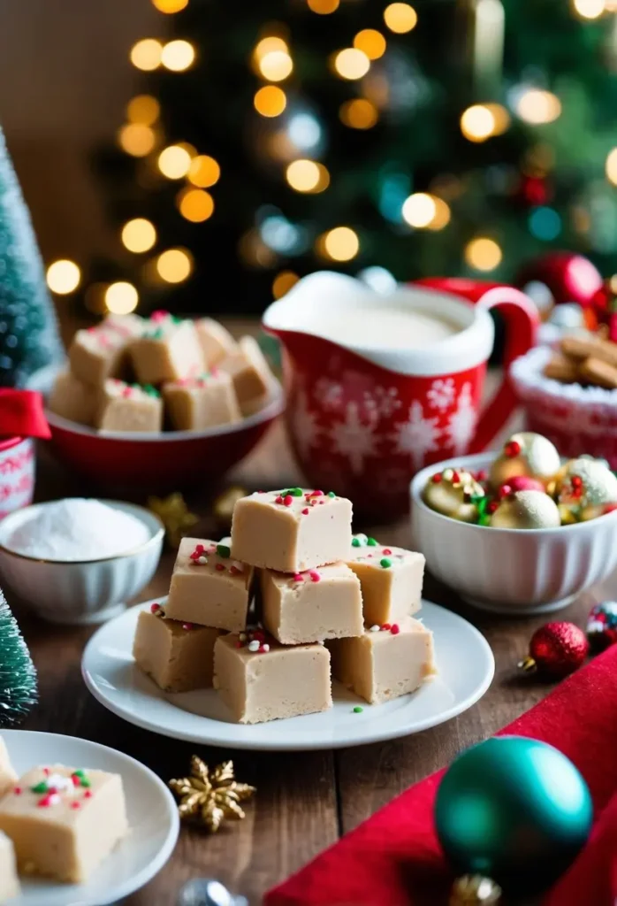 A festive table with a plate of eggnog fudge surrounded by other Christmas treats and decorations