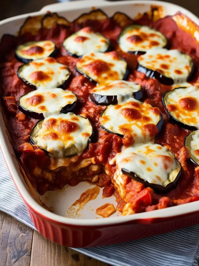 A bubbling casserole dish filled with layers of sliced eggplant, marinara sauce, and melted cheese, surrounded by fresh vegetables and herbs