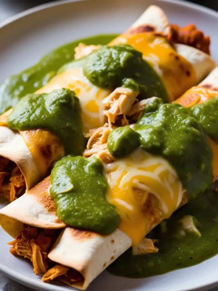 Three enchiladas filled with chicken and topped with a creamy green sauce and melted cheese. The enchiladas look delicious and ready to be enjoyed.