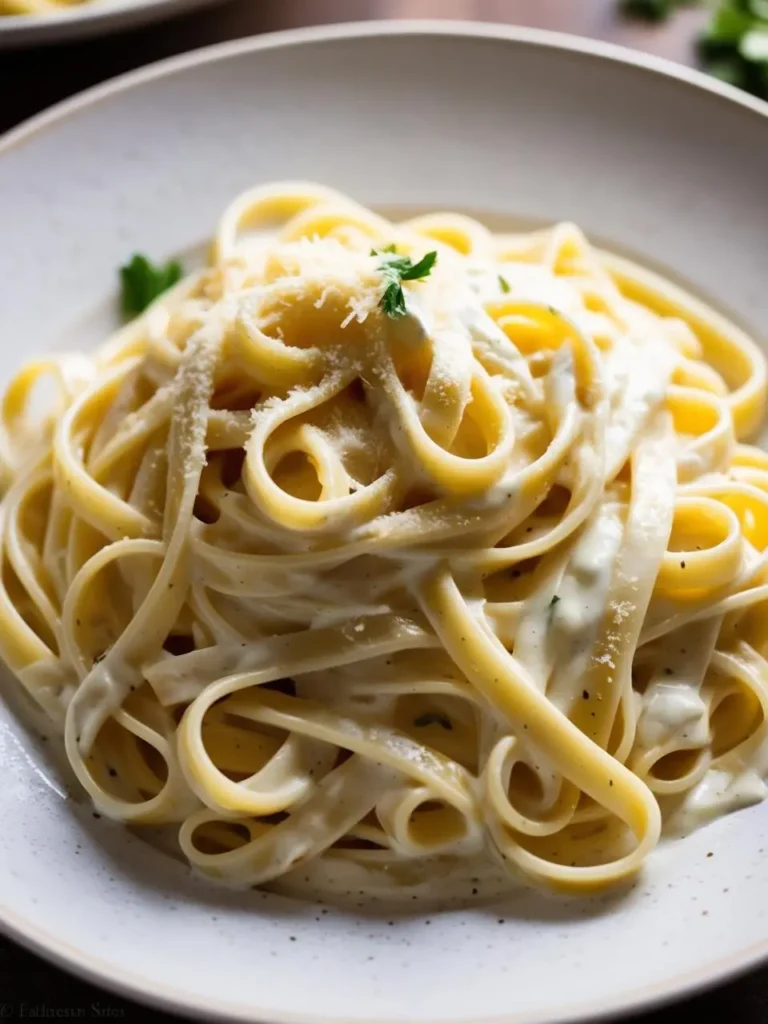 This is an image of a plate of creamy fettuccine Alfredo garnished with a sprinkle of Parmesan cheese and a small sprig of fresh parsley. The pasta is coated in a rich, smooth, and velvety Alfredo sauce, making it look indulgent and appetizing