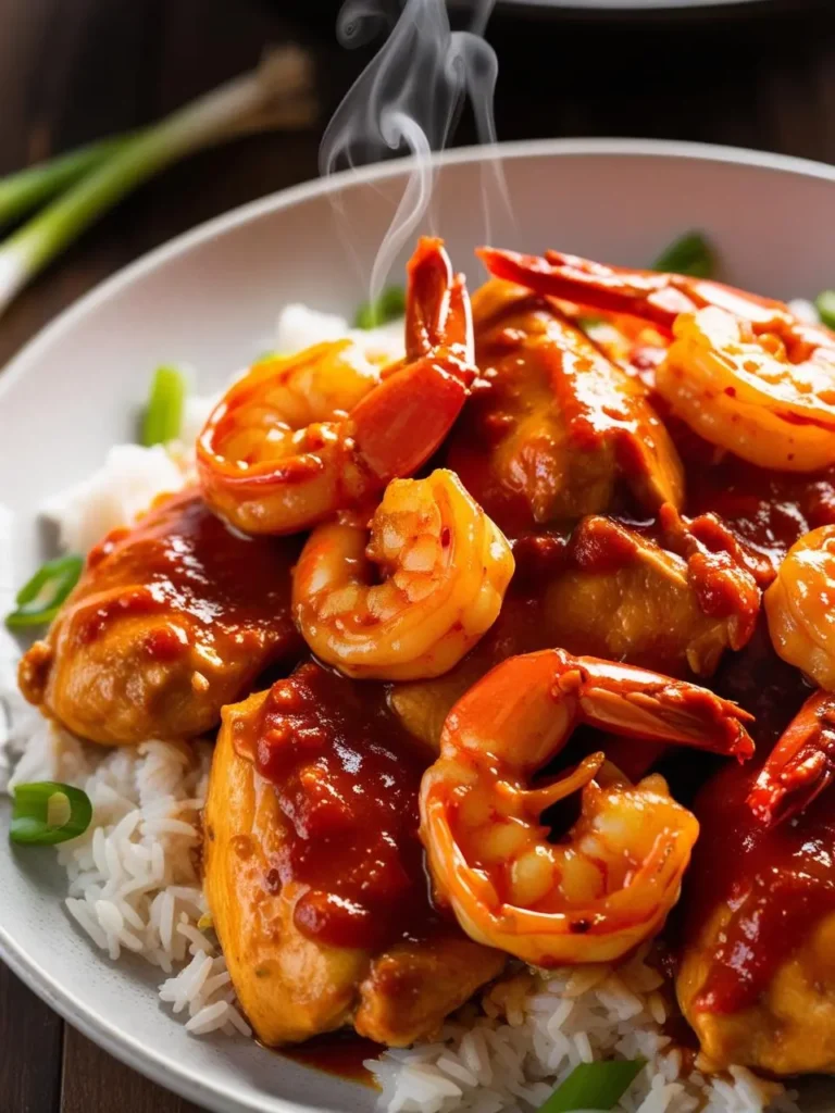 A plate of steaming hot shrimp and chicken smothered in a rich, red sauce. The dish is served over a bed of fluffy white rice and garnished with fresh green onions.