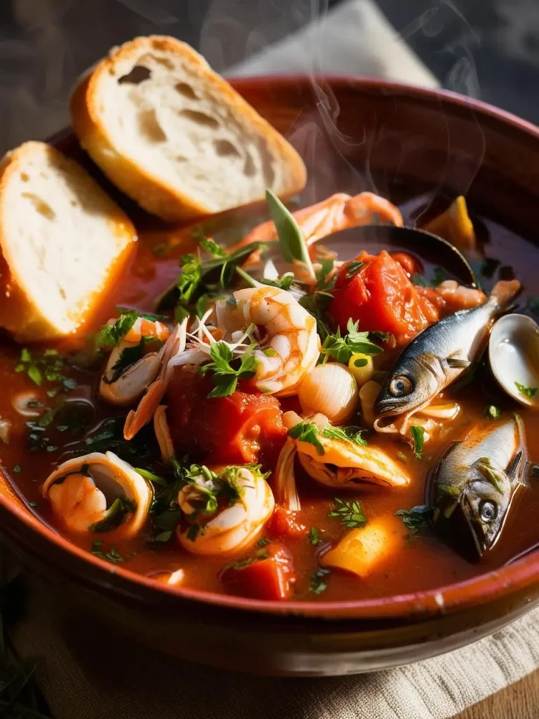 Close-up of a vibrant seafood stew filled with fresh ingredients like shrimp, mussels, clams, fish, and chunks of tomato, garnished with parsley and herbs. Served in a rich, tomato-based broth, the stew is paired with slices of crusty bread, perfect for dipping. Steam rises from the dish, adding a warm, comforting appeal