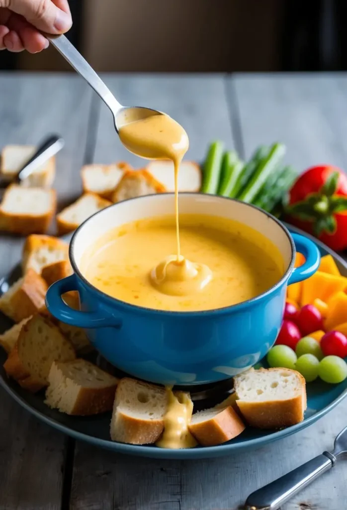 A bubbling pot of four cheese fondue surrounded by bread cubes, vegetables, and fruit for dipping