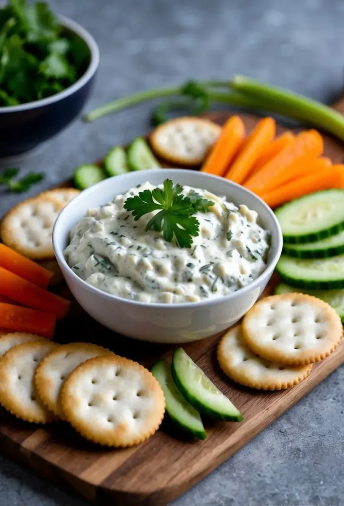 A bowl of French onion dip surrounded by sliced vegetables and crackers on a wooden serving board