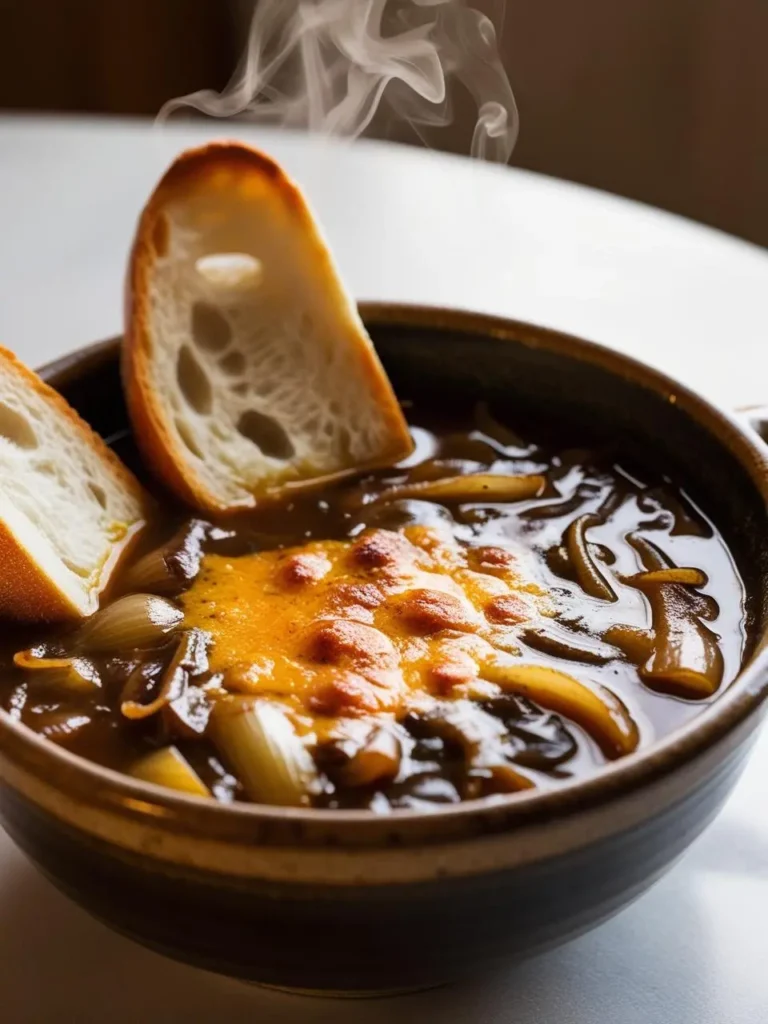 A bowl of bubbling French onion soup with a two slices of toasted bread and melted cheese on top of soup