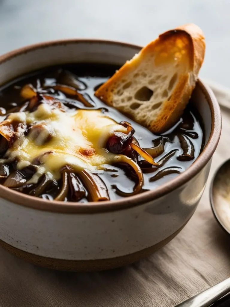 A bowl of French onion soup with melted cheese and a slice of toasted bread. The soup is a dark, rich color and looks incredibly appetizing.