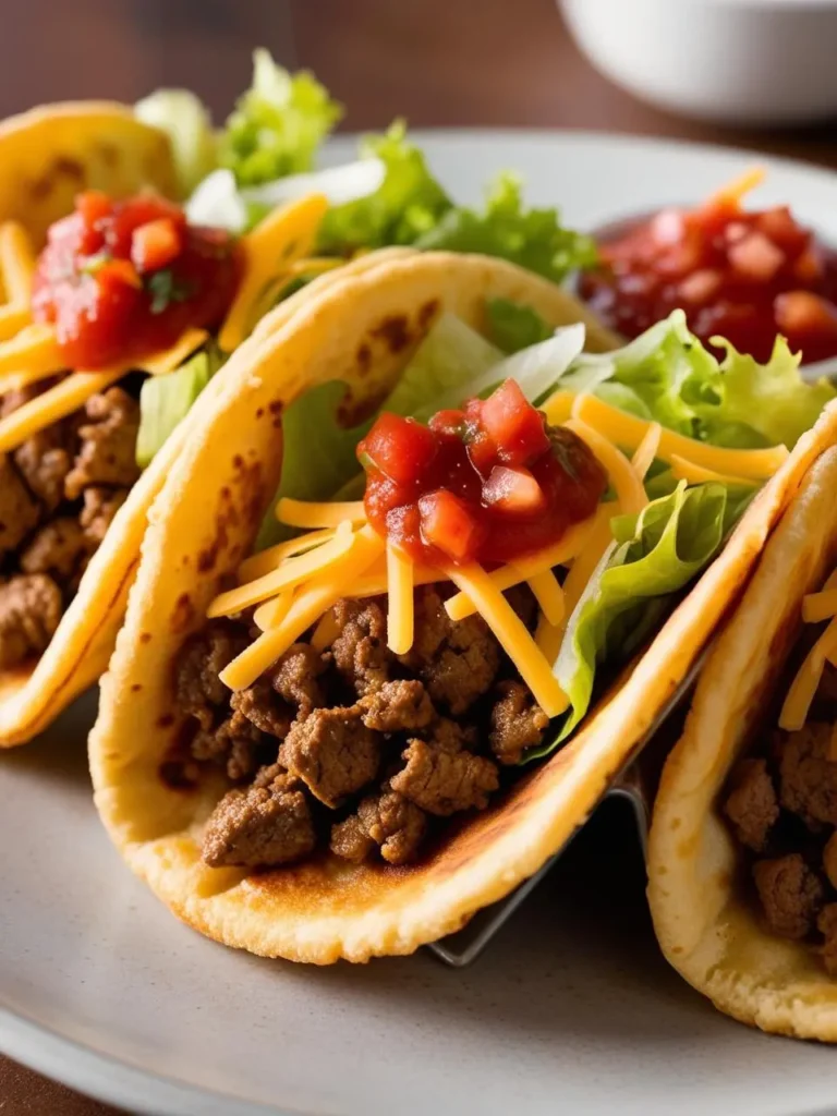 A plate of Native American frybread tacos, featuring soft frybread topped with seasoned ground meat, shredded cheddar cheese, fresh lettuce, and a spoonful of salsa. The tacos are arranged neatly, showcasing the vibrant colors and textures of the toppings. A small bowl of extra salsa is visible in the background, adding to the delicious and inviting presentation of this traditional dish.