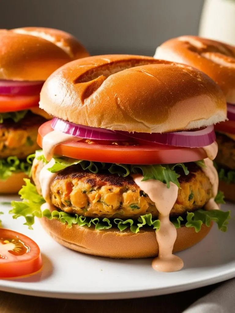 A close-up image of a delicious-looking veggie burger on a plate. The burger patty is made with chickpeas and topped with lettuce, tomato, onion, and a creamy sauce. The burger buns look golden-brown and perfectly toasted.