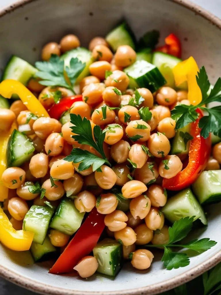 A bowl of fresh chickpea salad with chopped cucumbers, bell peppers, and fresh parsley. The salad looks vibrant and refreshing, perfect for a light and healthy meal.