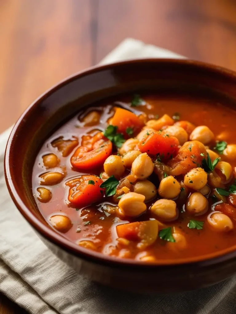 A bowl of hearty chickpea soup, with tender chickpeas and vegetables simmered in a rich tomato broth. The soup is garnished with fresh parsley and looks incredibly appetizing.