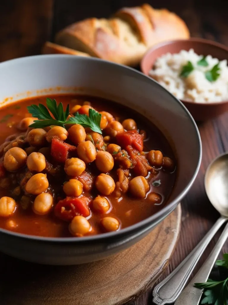 A bowl of flavorful chickpea stew, garnished with fresh parsley. The stew has a rich, tomato-based sauce and is served with a side of rice and bread.