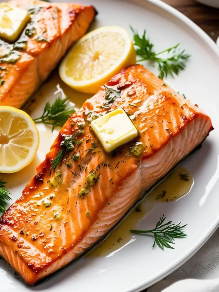 Two golden-brown salmon fillets are served on a white plate with lemon wedges and fresh dill. The salmon is topped with melted butter and looks incredibly appetizing.