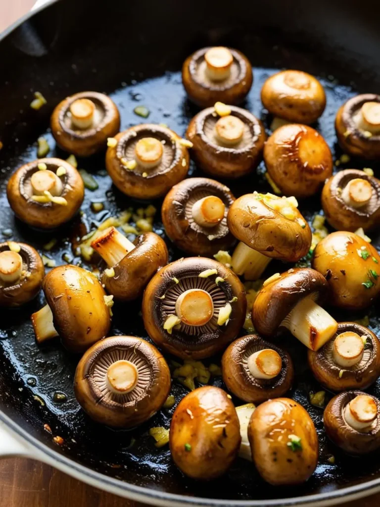 A skillet filled with golden brown mushrooms, sautéed with garlic and butter. The mushrooms look juicy and flavorful, perfect for a side dish or topping for pizza.