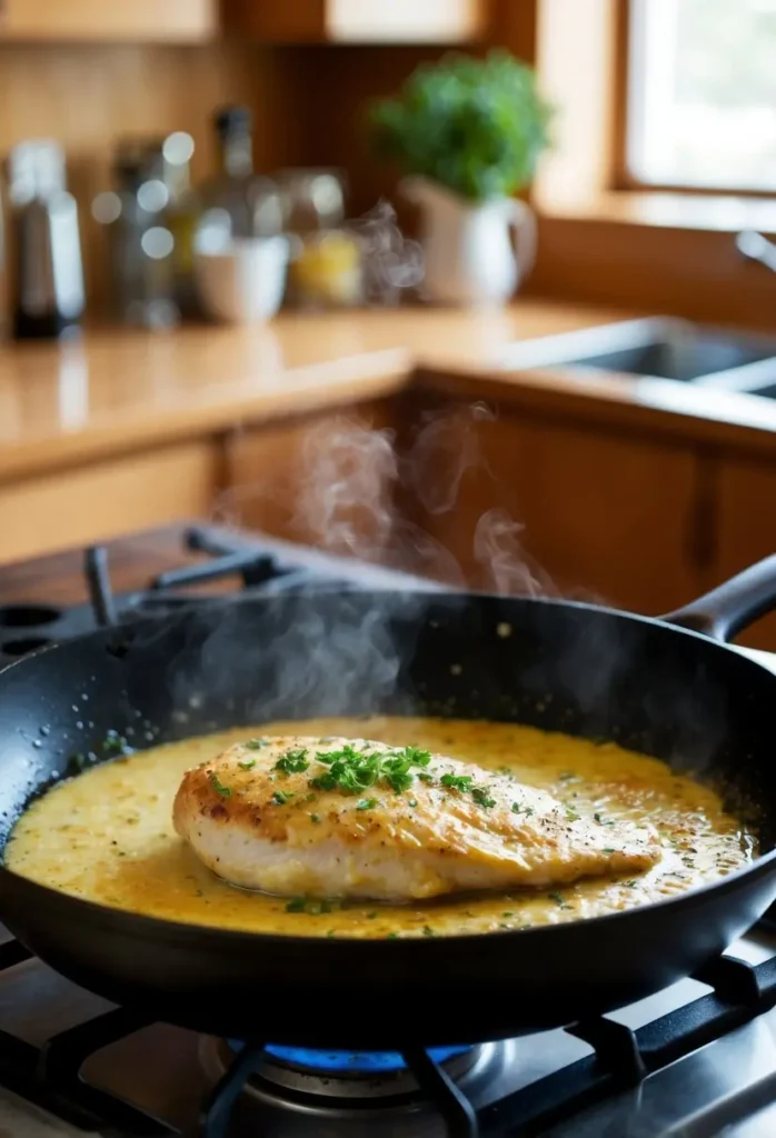 A sizzling chicken breast is being cooked in a skillet with bubbling garlic butter sauce. The aroma fills the kitchen