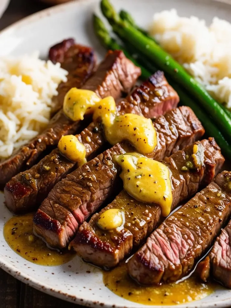 A juicy steak, sliced and topped with a creamy béarnaise sauce. The steak is served with a side of rice and asparagus.