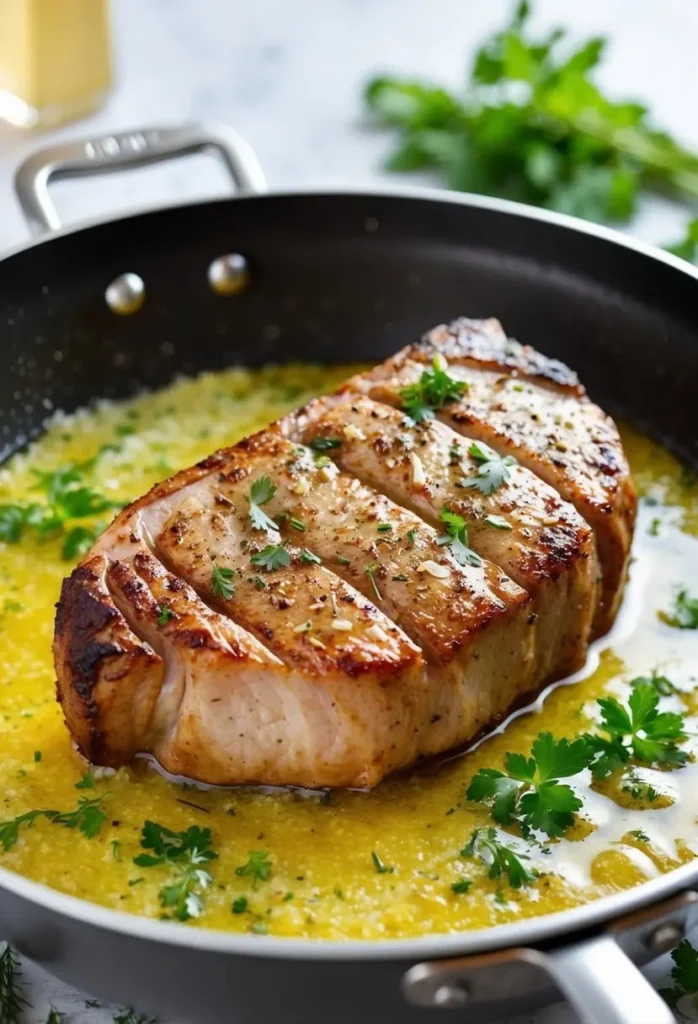 A sizzling pork shoulder steak sizzling in a pool of garlic butter, surrounded by fresh herbs and seasonings