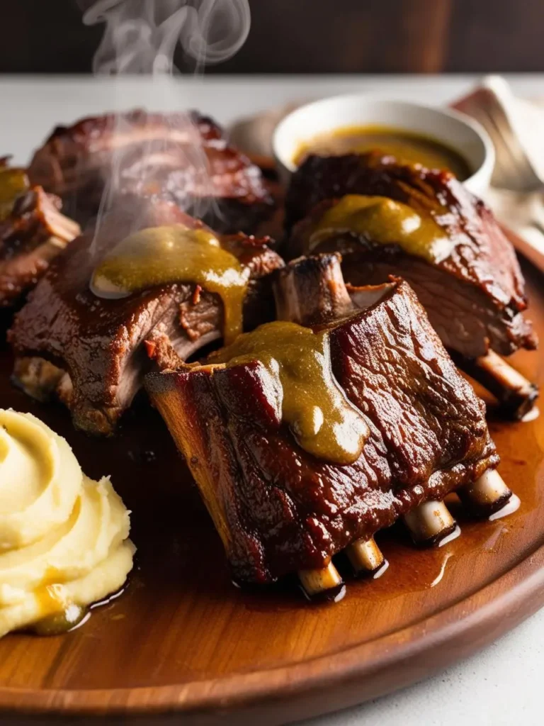 A mouthwatering plate of garlic butter short ribs served on a warm wooden platter. The ribs are tender, glazed, and topped with a drizzle of golden garlic butter sauce. Steam rises from the dish, highlighting its fresh, hot appeal. On the side, a serving of creamy mashed potatoes complements the ribs, with a small bowl of extra garlic butter sauce in the background. 