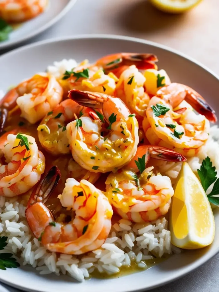 A plate of juicy shrimp coated in a creamy lemon sauce, served over a bed of fluffy white rice. The dish looks flavorful and perfect for a quick and easy weeknight meal.