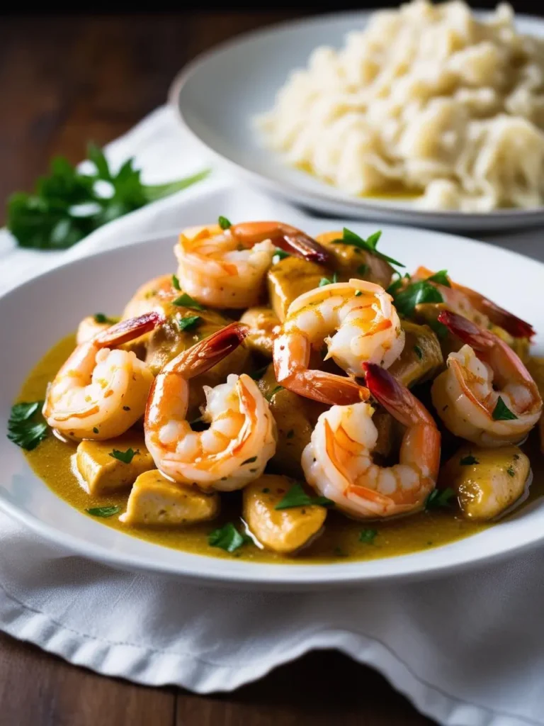 A plate of creamy shrimp and chicken curry with a side of mashed potatoes. The dish looks rich and flavorful, with tender chicken and shrimp in a golden, creamy sauce.