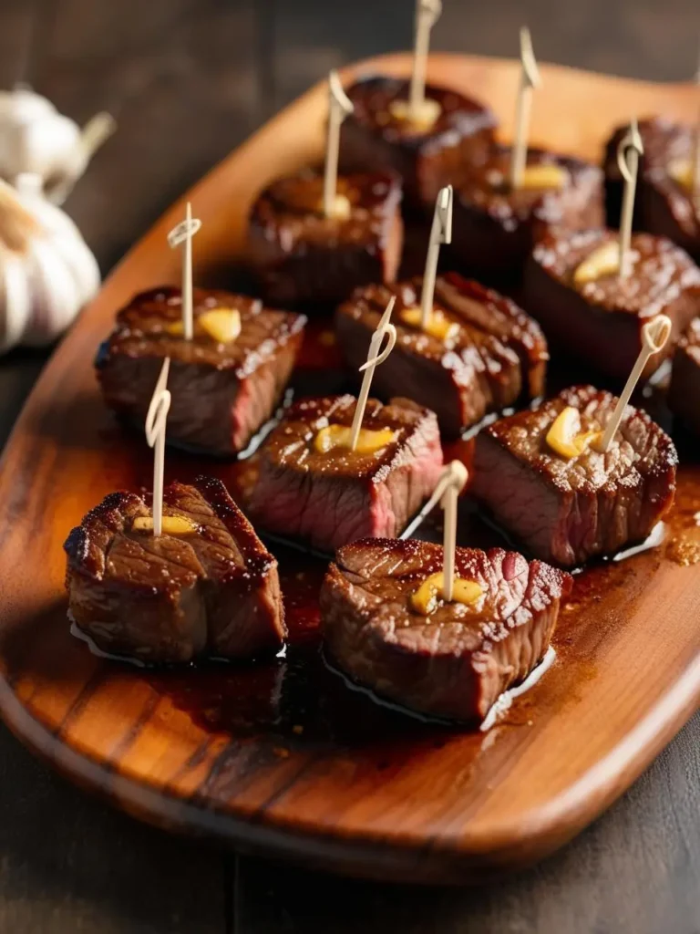 A platter of small, bite-sized pieces of steak arranged neatly on a wooden board. Each piece is topped with a small piece of garlic and held in place with a toothpick.