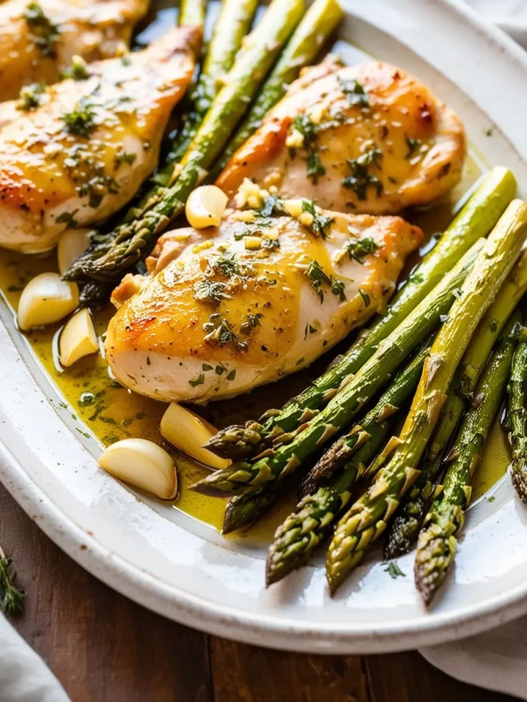 A platter of golden-brown chicken breasts and asparagus spears, baked with garlic and herbs. The dish looks incredibly appetizing and perfect for a healthy and satisfying meal.