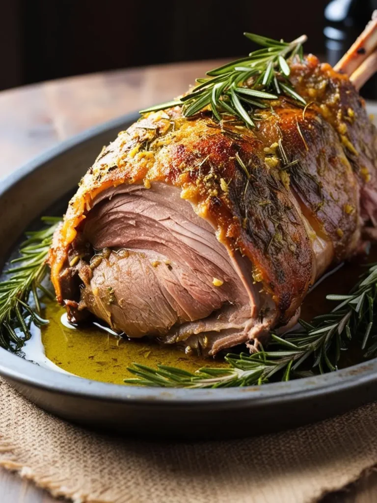 A golden-brown roasted leg of lamb, garnished with fresh rosemary sprigs. The lamb is sliced open, revealing juicy, tender meat. The dish is resting on a metal platter and looks incredibly appetizing.