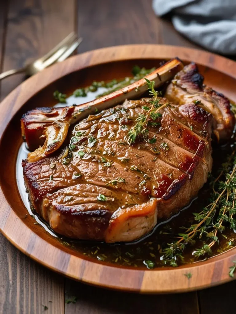 A perfectly cooked T-bone steak with a golden brown crust, resting on a wooden plate with a pool of flavorful juices and sprigs of thyme.