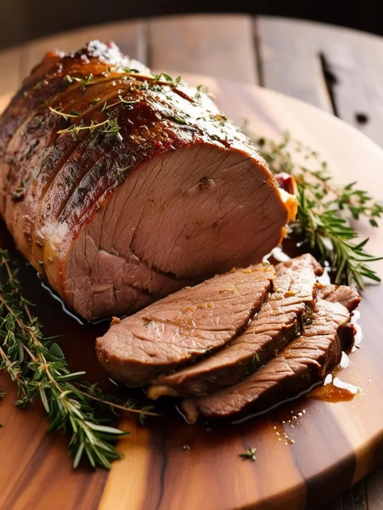 A perfectly roasted sirloin tip roast, sliced and served on a wooden board. The roast is juicy and tender, and the meat is a beautiful medium-rare. The dish is garnished with fresh thyme and rosemary sprigs, adding a touch of freshness and flavor.