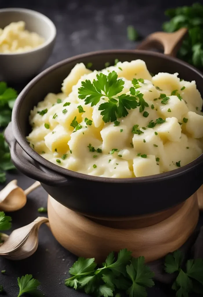 A steaming bowl of garlic-infused mashed potatoes, topped with a pat of melting butter and sprinkled with freshly chopped parsley