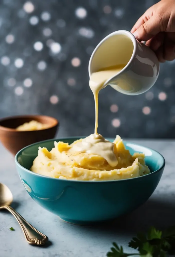 A bowl of creamy garlic mashed potatoes being drizzled with heavy cream