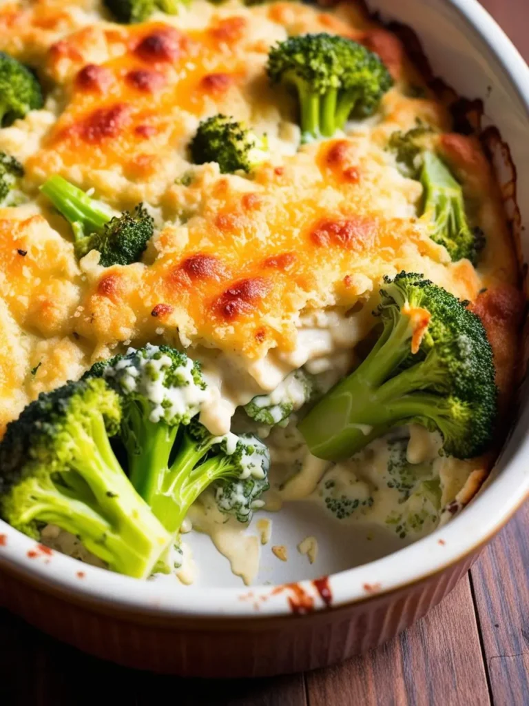 A baking dish filled with broccoli florets, covered in a creamy garlic parmesan sauce, topped with a golden breadcrumb crust