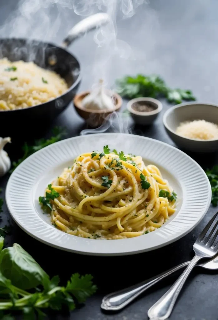 A steaming plate of garlic parmesan carbonara surrounded by fresh ingredients and a sprinkle of herbs