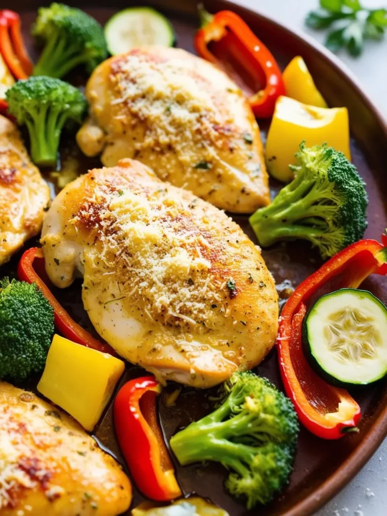 A close-up of roasted chicken breasts with broccoli, bell peppers, and zucchini on a baking sheet.