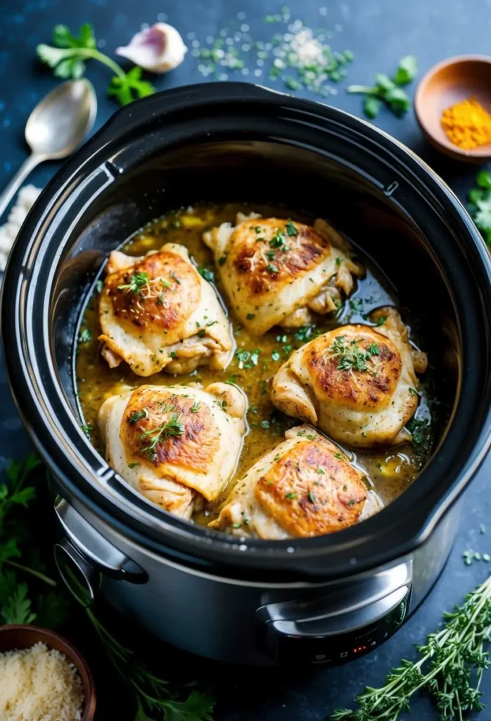 A crockpot filled with garlic parmesan chicken thighs surrounded by fresh herbs and spices, emitting a mouthwatering aroma