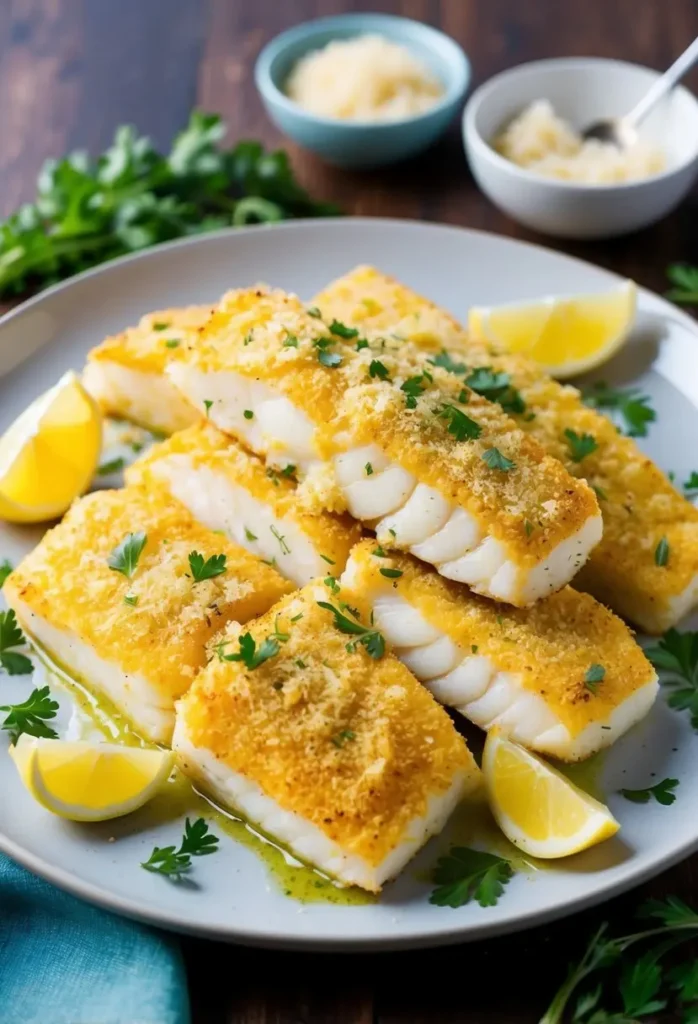 A plate of golden-brown baked cod fillets, topped with breadcrumbs and Parmesan cheese. The fish is served with lemon wedges and fresh parsley, and looks incredibly appetizing.