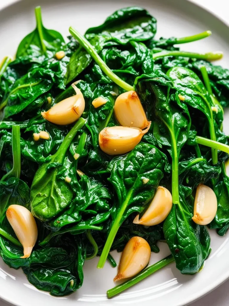 A plate of sautéed spinach with golden-brown garlic cloves. The spinach is cooked to perfection, retaining its vibrant green color.