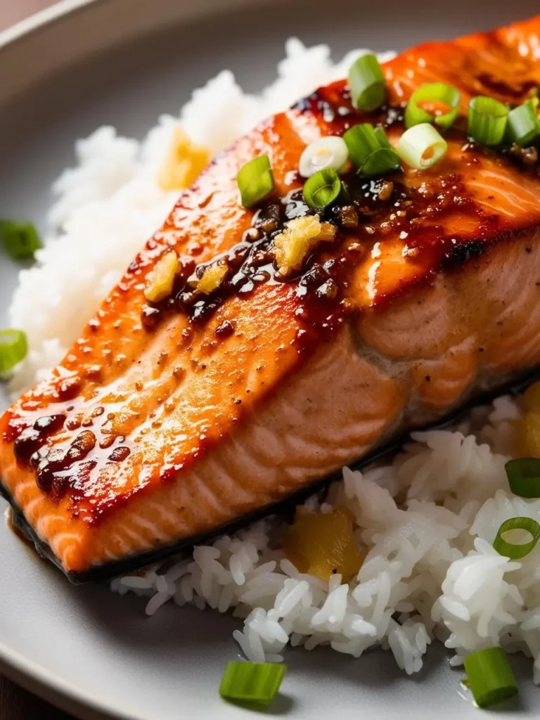 A golden-brown salmon fillet is glazed with a sweet and savory sauce and garnished with chopped green onions. The salmon is served on a bed of white rice and looks incredibly appetizing.