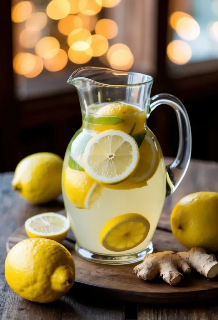 A glass pitcher filled with ginger lemonade surrounded by fresh lemons and ginger root on a wooden table