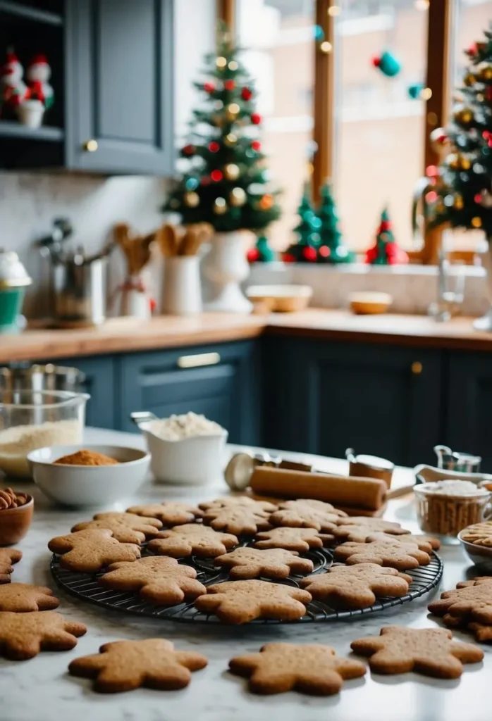 A festive kitchen counter displays a variety of gingerbread cookies, surrounded by ingredients and baking tools