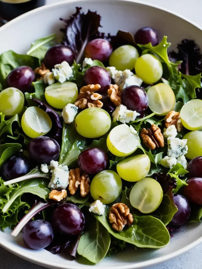 A bowl of fresh salad with mixed greens, red and green grapes, crumbled blue cheese, and walnuts. The salad looks light, refreshing, and perfect for a healthy lunch.