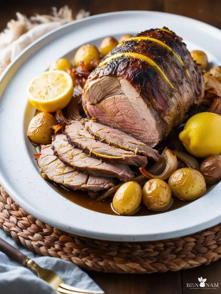 A golden-brown roast, sliced and served with roasted potatoes and onions. The roast is garnished with lemon slices, adding a touch of freshness to the dish.