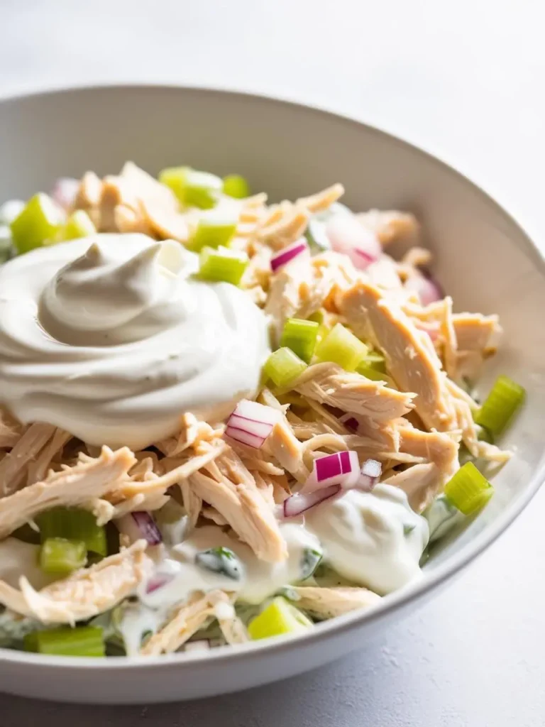 A bowl of creamy chicken salad with shredded chicken, celery, red onion, and a dollop of mayonnaise. The salad looks light and refreshing, perfect for a summer lunch.