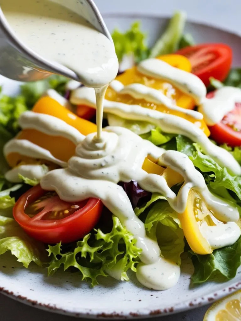 A close-up image of a creamy ranch dressing being poured over a fresh salad. The salad is made with mixed greens, tomatoes, and bell peppers, and looks incredibly appetizing.