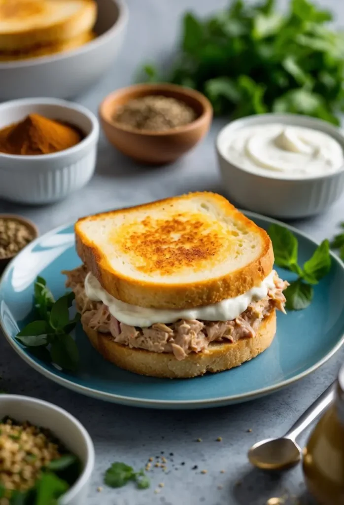 A golden-brown tuna melt sits on a plate next to a dollop of Greek yogurt, surrounded by a variety of ingredients and spices