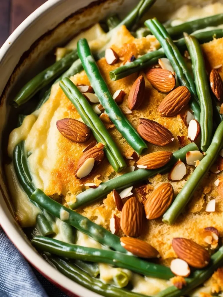 A casserole dish filled with green beans, creamy sauce, and topped with toasted almonds, sitting on a rustic wooden table