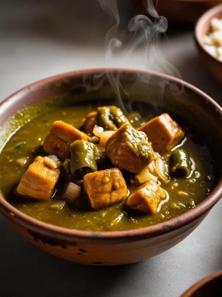 A steaming bowl of green chile stew with chunks of tofu and green chili peppers. The stew looks flavorful and hearty, perfect for a cold day.