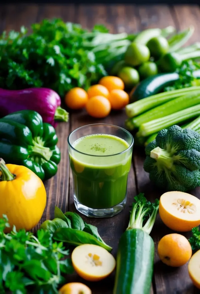 A variety of fresh green vegetables and fruits arranged on a wooden table, with a glass of vibrant green juice in the center