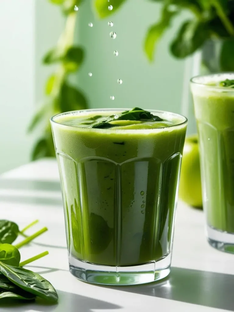 Glass of vibrant green juice with a frothy top, garnished with fresh spinach leaves and surrounded by spinach leaves on a white surface. Drops of water are seen falling into the juice, adding a refreshing touch. The background is a soft green, creating a fresh and natural feel, ideal for a detox or juice cleanse theme.