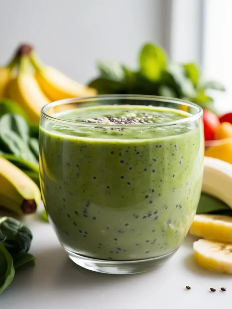 A bright green smoothie in a clear glass bowl, surrounded by fresh spinach, bananas, and chia seeds. The smoothie looks thick and creamy, perfect for a healthy breakfast.