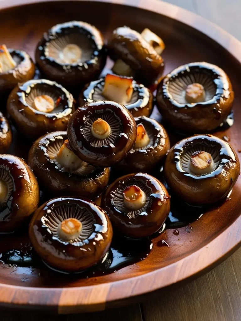 A platter of glossy, balsamic-glazed mushrooms, perfect for a side dish or appetizer. The mushrooms look juicy and flavorful, with a hint of sweetness from the glaze.